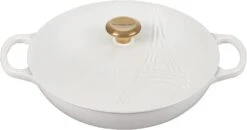 Le Creuset 3 3/4 Qt. Signature Braiser Eiffel Tower Embossed Lid & Gold Knob - White