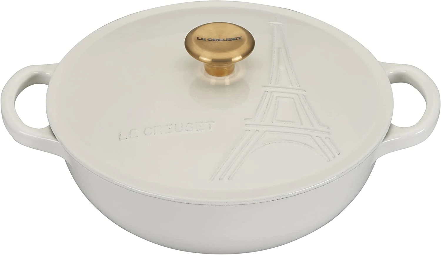 Le Creuset 2 1/2 Qt. Signature Cocotte Eiffel Tower Embossed Lid & Gold Knob - White 1 Le Creuset 2 1/2 Qt. Signature Cocotte Eiffel Tower Embossed Lid & Gold Knob - White