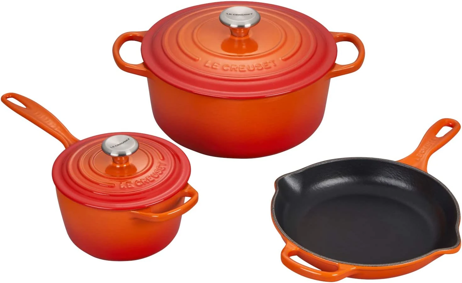 Le Creuset 5-Piece Signature Set W/Stainless Steel Knob - Flame (5.5 Qt. RDO, 1.75 Qt. Saucepan, 9" Skillet) 1 Le Creuset 5-Piece Signature Set W/Stainless Steel Knob - Flame (5.5 Qt. RDO, 1.75 Qt. Saucepan, 9" Skillet)