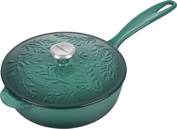 Le Creuset 2 1/4 Qt. Enameled Cast Iron Saucier W/Olive Branch Embossed Lid - Artichaut 1 Le Creuset 2 1/4 Qt. Enameled Cast Iron Saucier W/Olive Branch Embossed Lid - Artichaut