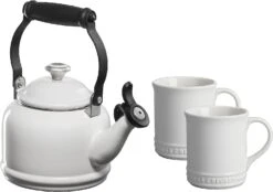 Le Creuset 1 1/4 Qt. Demi Kettle W/Stainless Steel Knob & (2) 14 Oz. Mug Set - White