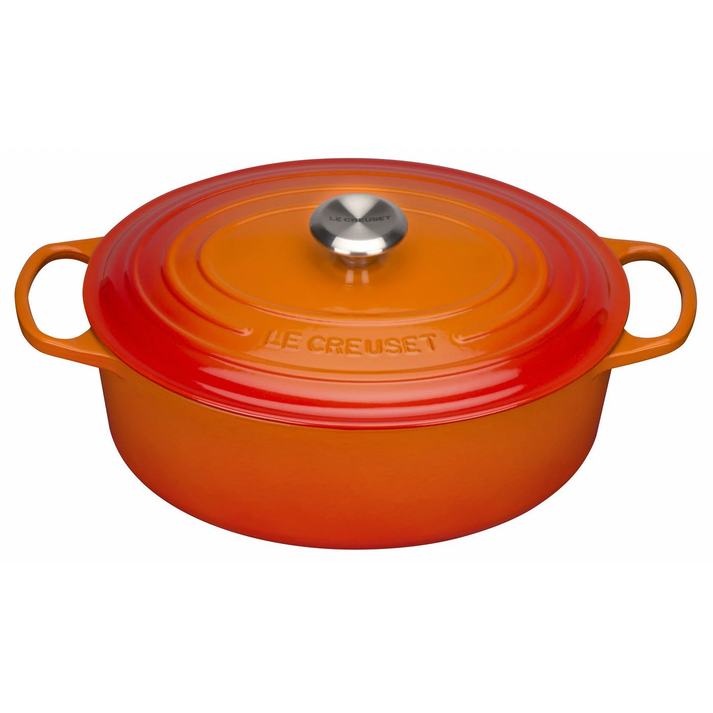 Le Creuset 6 3/4 Qt. Signature Oval Dutch Oven W/Stainless Steel Knob - Flame- Personalized Engraving Available 1 Le Creuset 6 3/4 Qt. Signature Oval Dutch Oven W/Stainless Steel Knob - Flame- Personalized Engraving Available